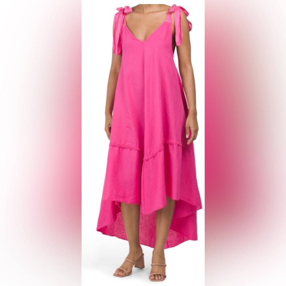 CRISTINA VERGANI  Italy Linen Blend Voile Shoulder Tie Bow Midi Dress